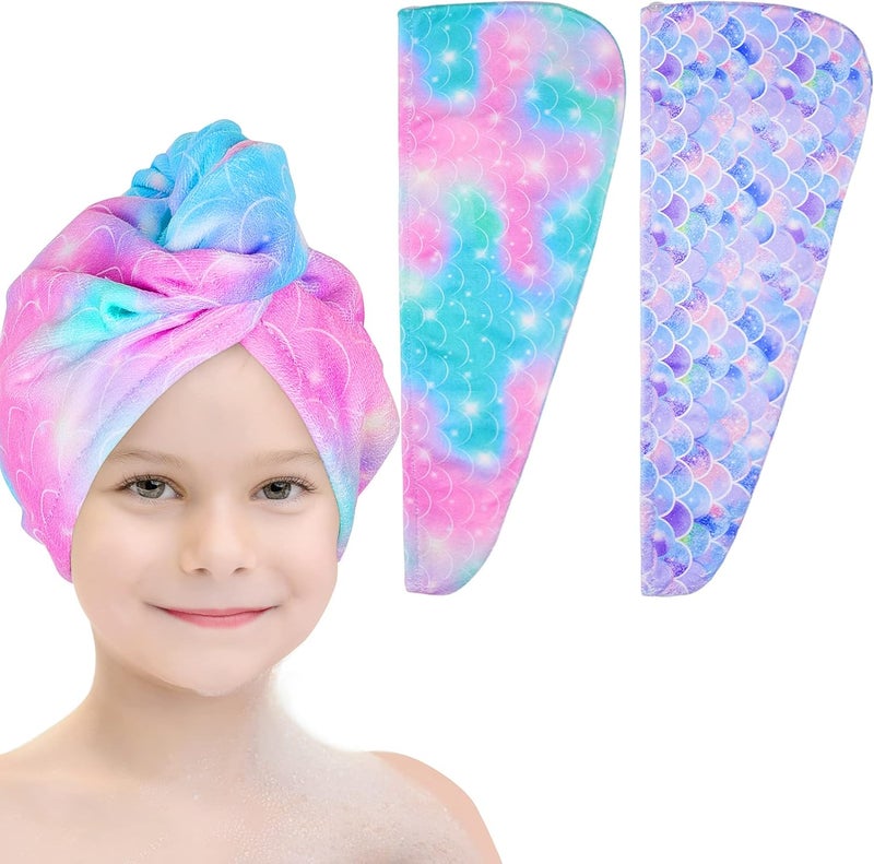 Basumee Microfiber Hair Towel Wrap for Kids 2 Pack Rapid Drying Hair Towel with Button Hair Turbans for Wet Hair Wraps Head Towel Wrap for Women and Girls, Light Mermaid - Image 1